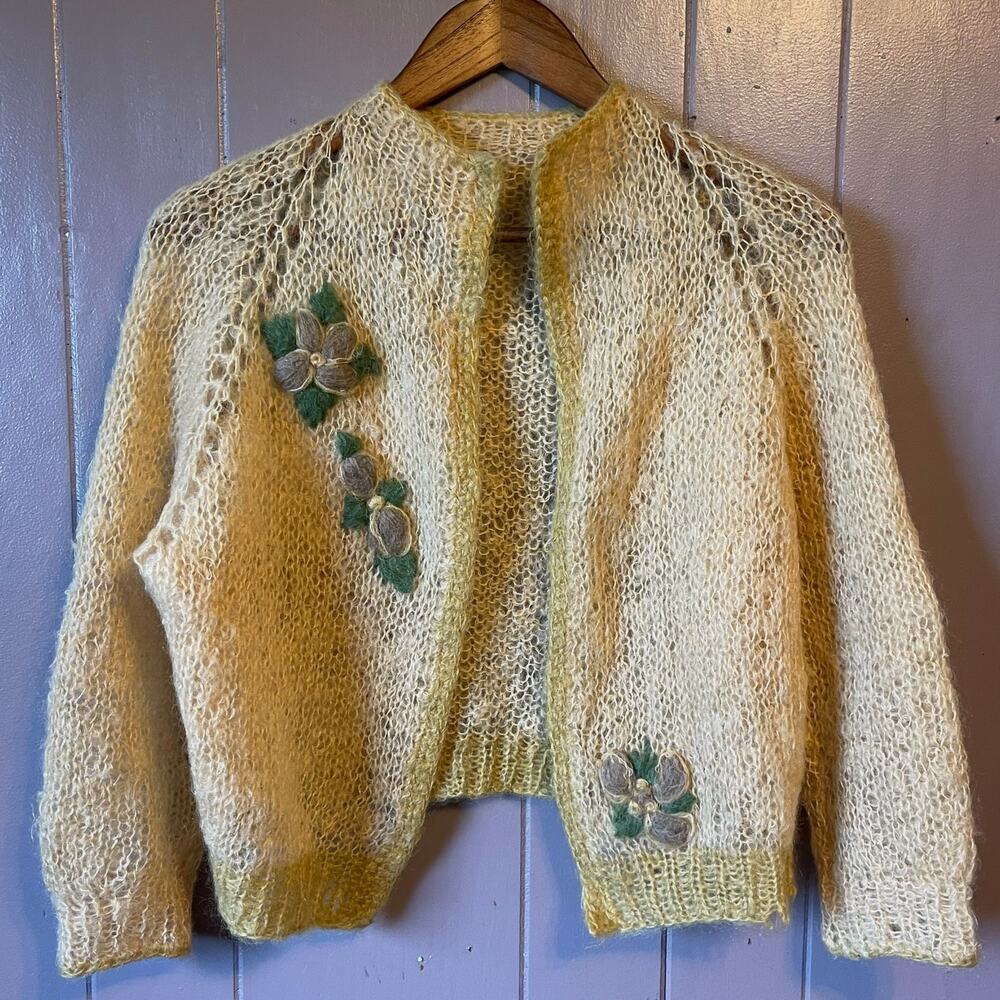 Vintage Handmade Open Knit Floral Applique Cardigan Fuzzy Butter Cottagecore
